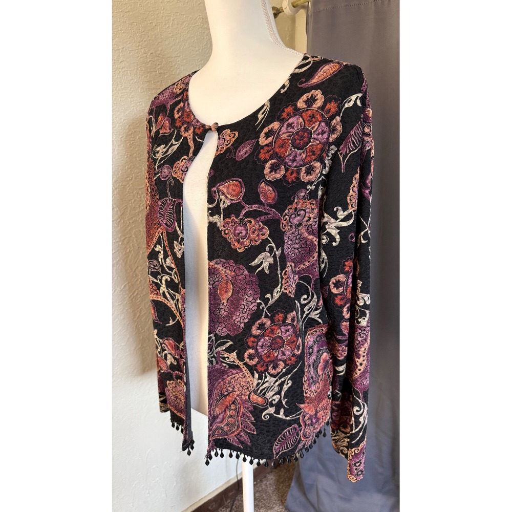 MSK Womens Black Burnout Floral Paisley Beaded Trim Open‎ Front Cardigan